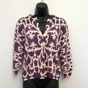 J. Crew Purple & White Merino Wool Cardigan with 3/4 Sleeves, Size Large